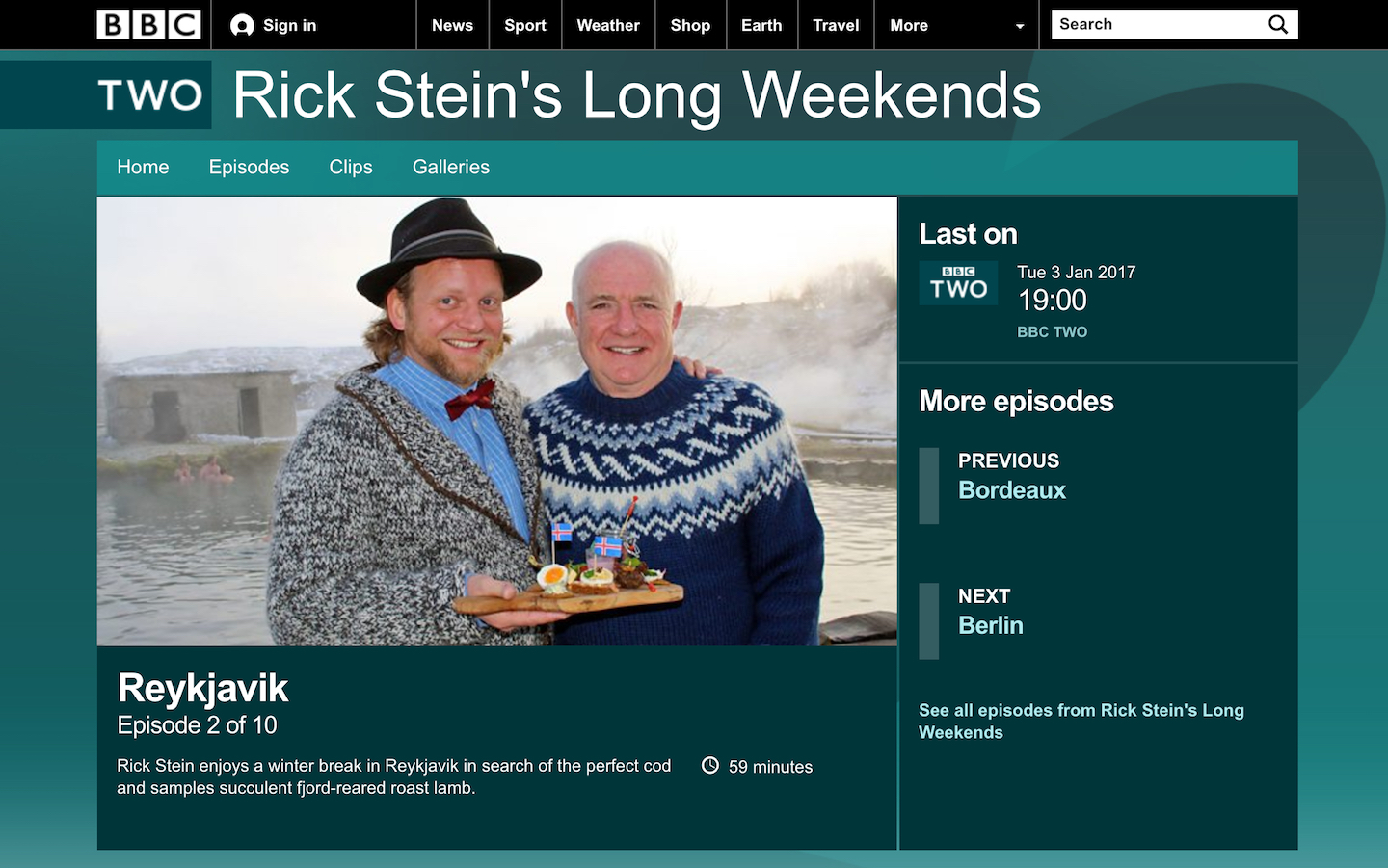 A screen shot from BBC2's Rick Stein's Long Weekend showing Magical Iceland's Ýmir with Rick Stein